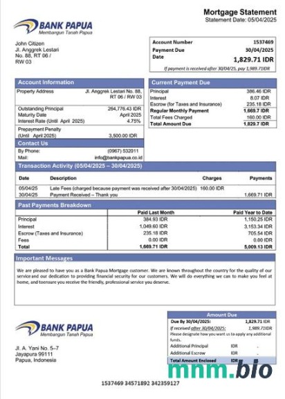 Indonezja Bank Papua wyciąg z kredytu hipotecznego szablon Word i PDF